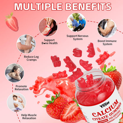 Calcium Citrate Gummies 1200mg - Strawberry Flavor, Sugar Free, Vegan (60 Count)