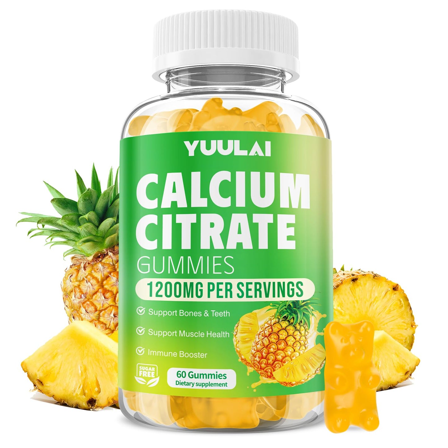 Calcium Citrate Gummies 1200mg – Sugar-Free Pineapple Calcium for Bone, Muscle & Immune Support | 60 Count