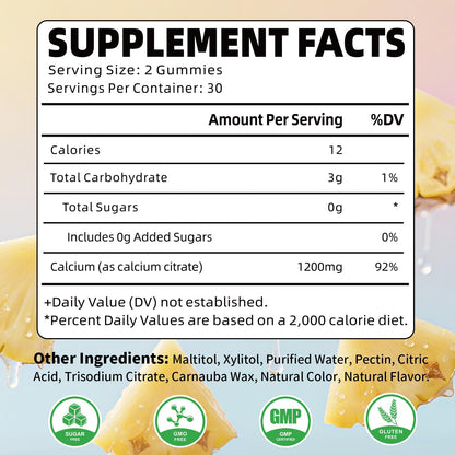 Calcium Citrate Gummies 1200mg – Sugar-Free Pineapple Calcium for Bone, Muscle & Immune Support | 60 Count