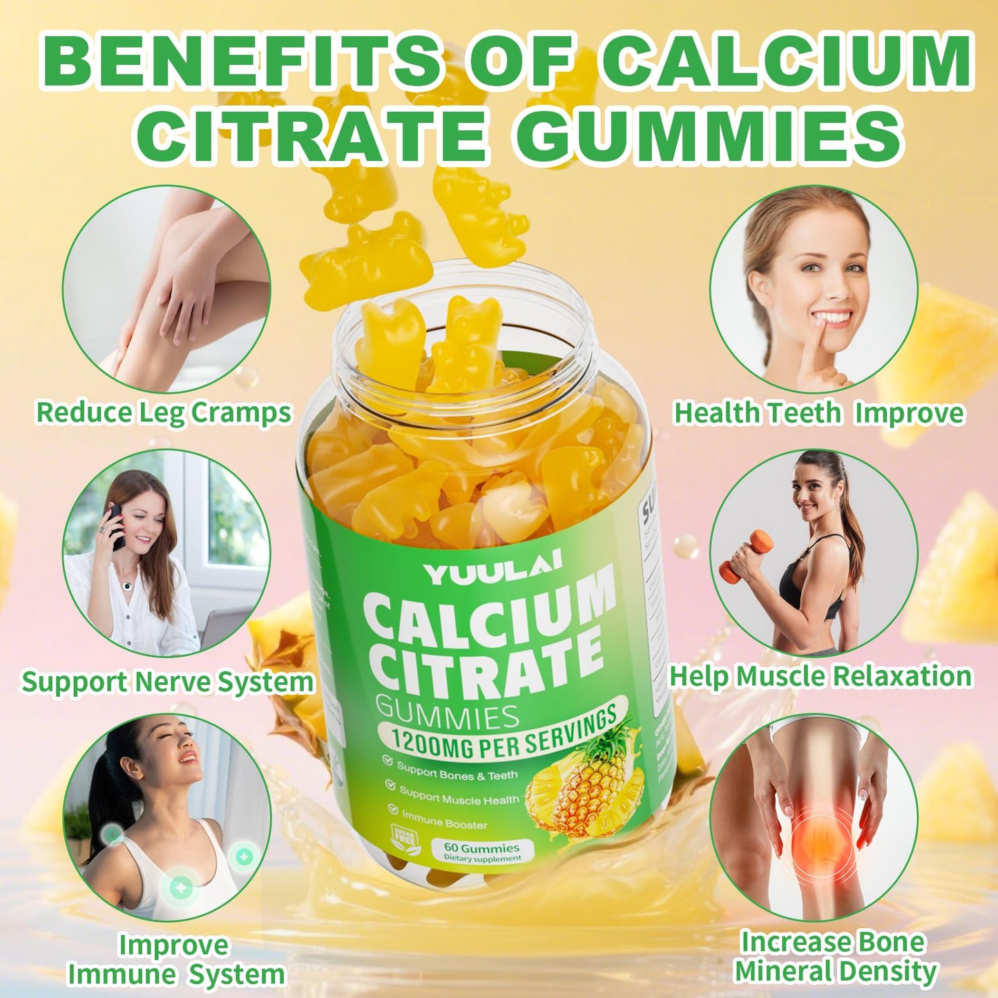 Calcium Citrate Gummies 1200mg – Sugar-Free Pineapple Calcium for Bone, Muscle & Immune Support | 60 Count