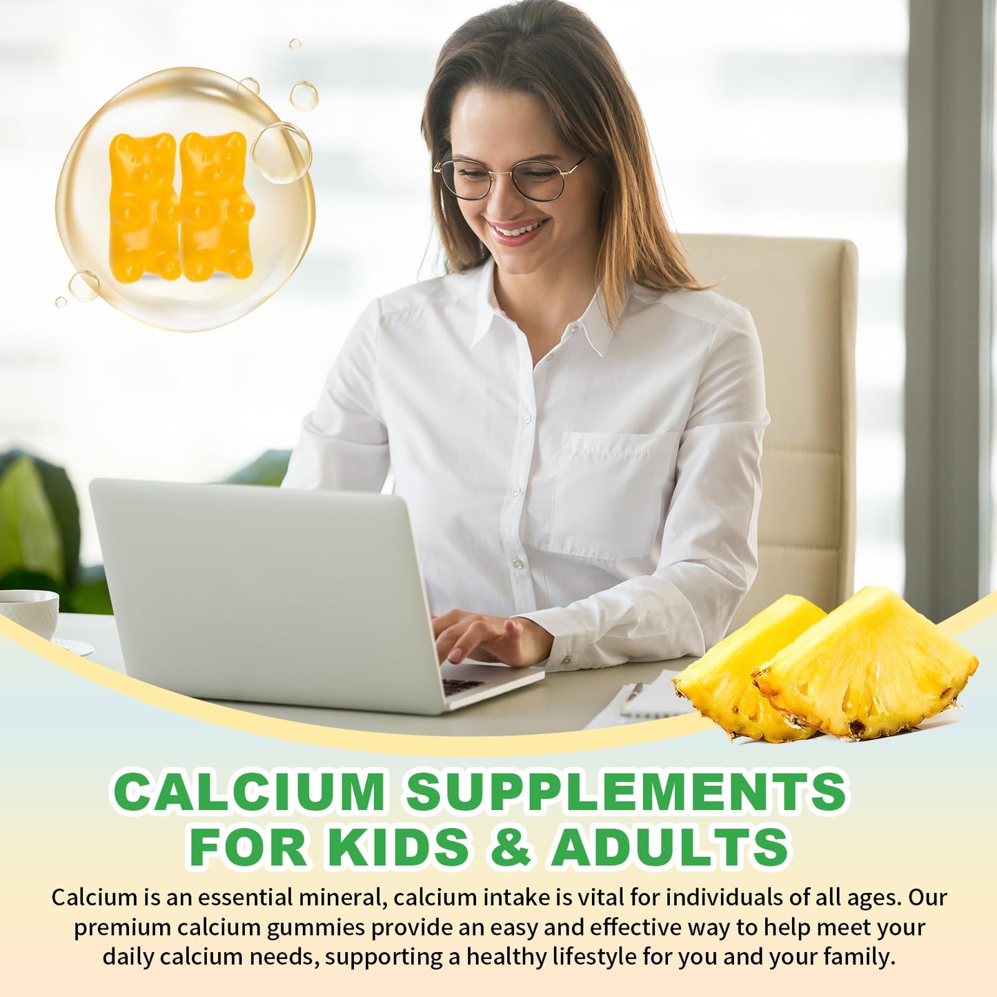 Calcium Citrate Gummies 1200mg – Sugar-Free Pineapple Calcium for Bone, Muscle & Immune Support | 60 Count