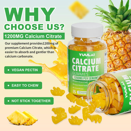 Calcium Citrate Gummies 1200mg – Sugar-Free Pineapple Calcium for Bone, Muscle & Immune Support | 60 Count