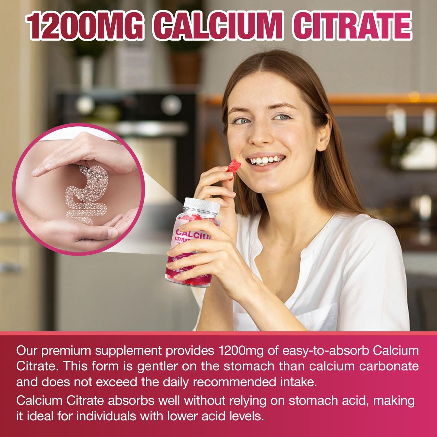 Calcium Citrate Gummies 1200mg - Sugar-Free Raspberry | Bone & Immune Support | 120 Count
