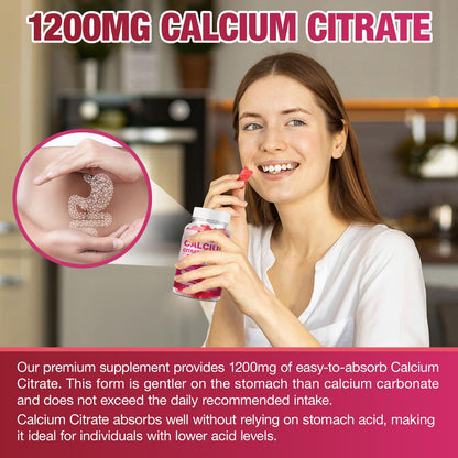 Calcium Citrate Gummies 1200mg - Sugar-Free Raspberry | Bone & Immune Support | 120 Count