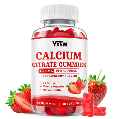 Calcium Citrate Gummies 1200mg - Strawberry Flavor, Sugar Free, Vegan (60 Count)