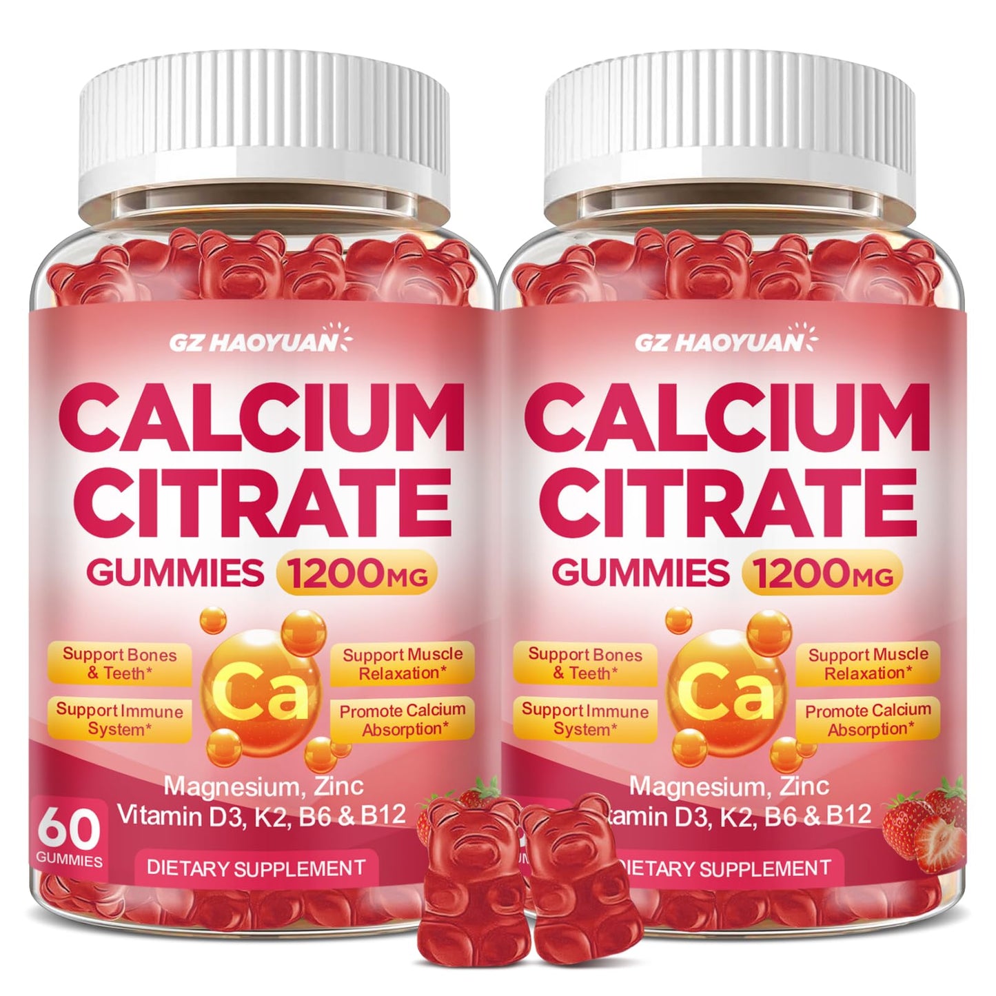 Calcium Citrate Gummies 1200mg with D3, K2 & Zinc – Strawberry (120 Count)