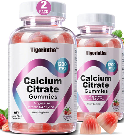 Calcium Citrate Gummies 1200mg with Magnesium, Vitamin D3 & K2 – Vegan, Gluten-Free, Sugar-Free (Strawberry) | 120 Gummies