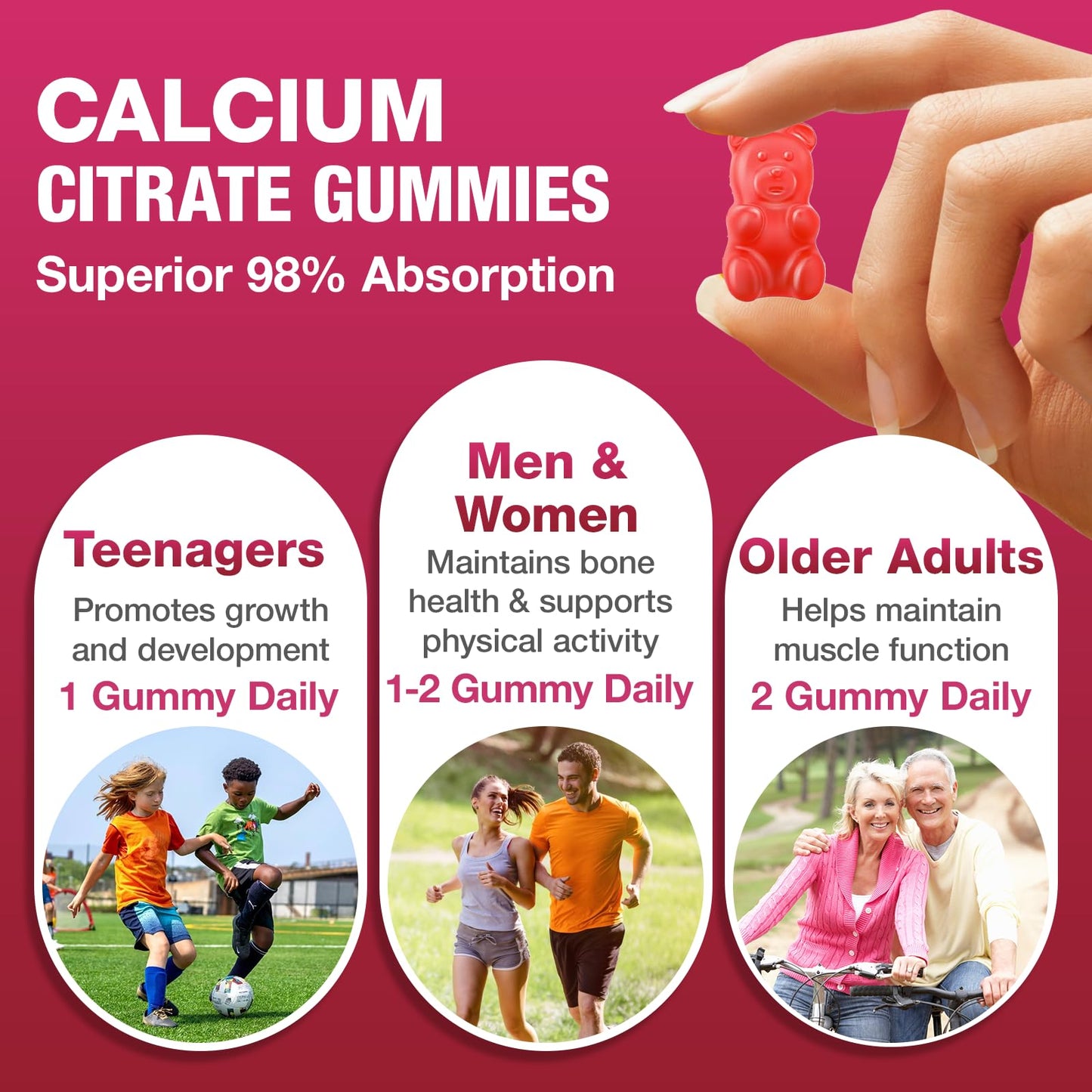 Calcium Citrate Gummies 1200mg - Sugar-Free Raspberry | Bone & Immune Support | 120 Count