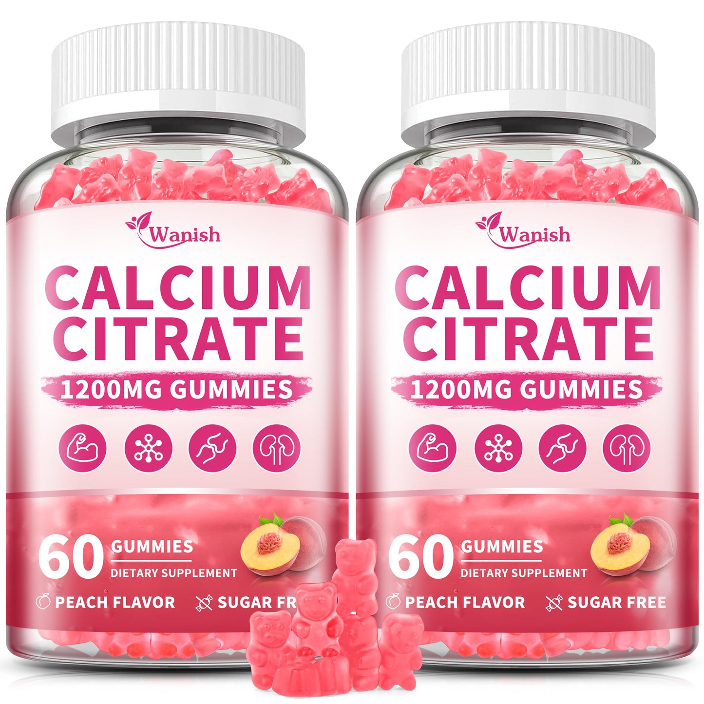 2 Pack 1200 mg Calcium Citrate Gummies – Sugar Free, Vegan, Peach