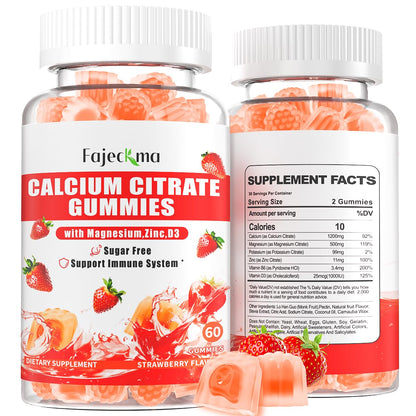 Calcium Citrate Gummies – 1200mg Calcium + Magnesium + Zinc with Vitamin D3 & B6 | Vegan, Sugar Free, 120 Count