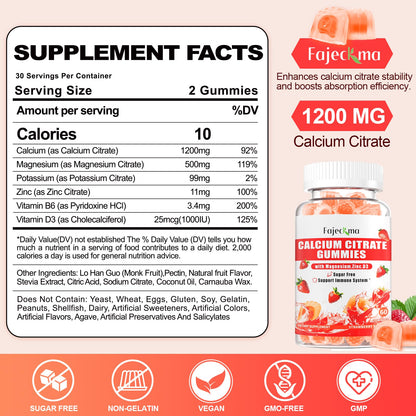 Calcium Citrate Gummies – 1200mg Calcium + Magnesium + Zinc with Vitamin D3 & B6 | Vegan, Sugar Free, 120 Count