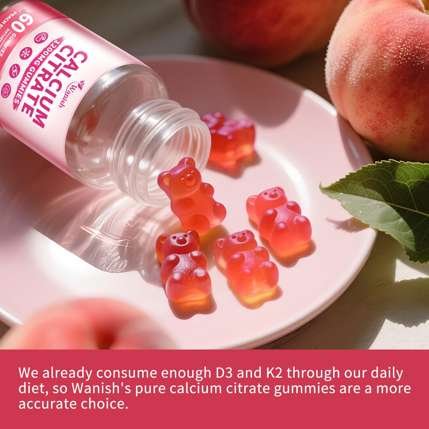 2 Pack 1200 mg Calcium Citrate Gummies – Sugar Free, Vegan, Peach