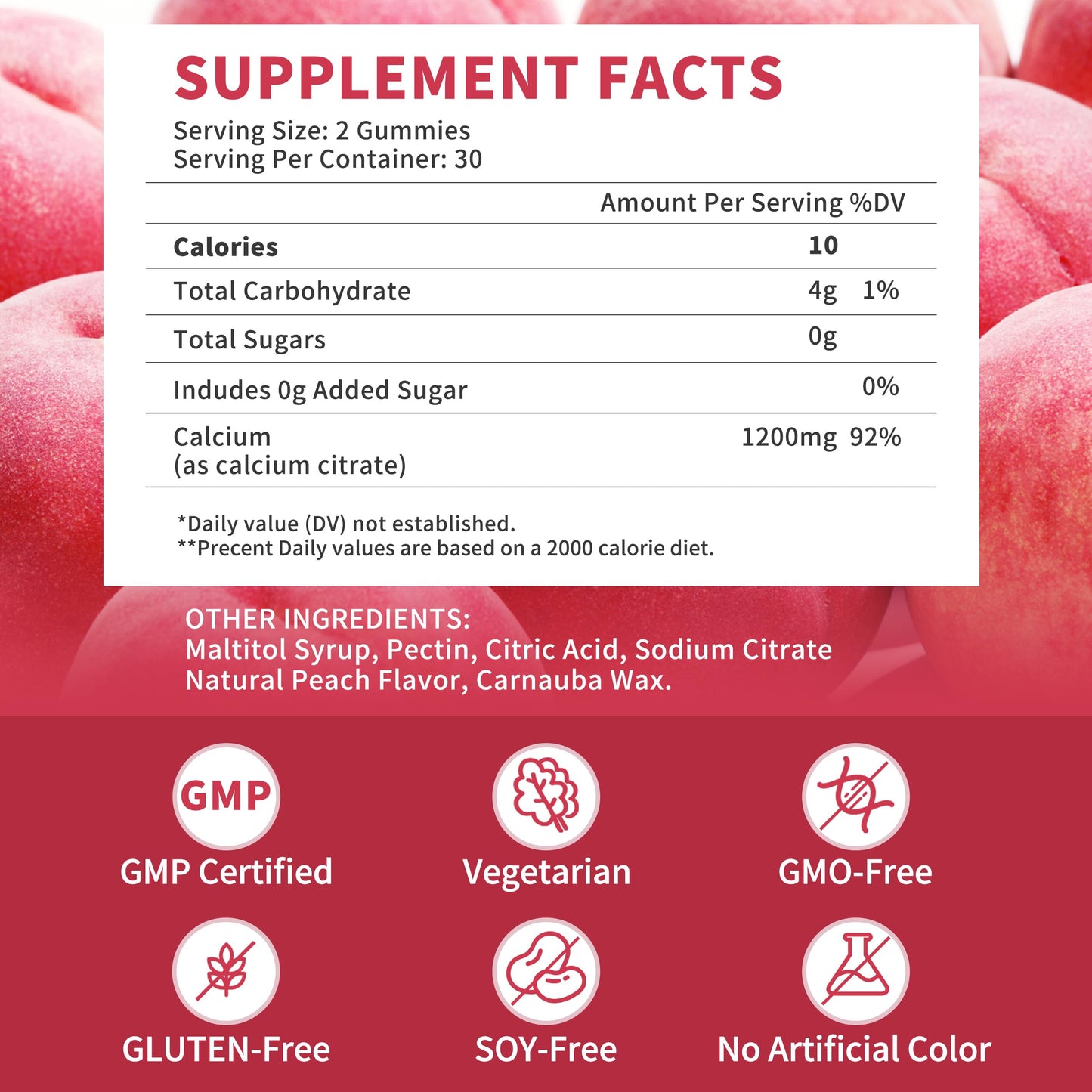 2 Pack 1200 mg Calcium Citrate Gummies – Sugar Free, Vegan, Peach