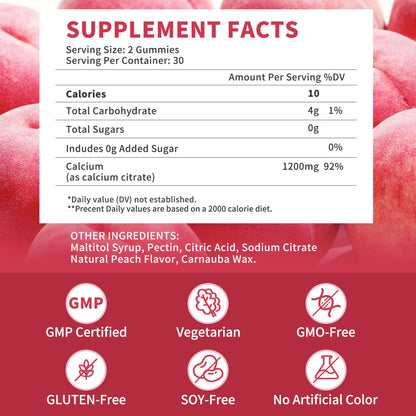 2 Pack 1200 mg Calcium Citrate Gummies – Sugar Free, Vegan, Peach
