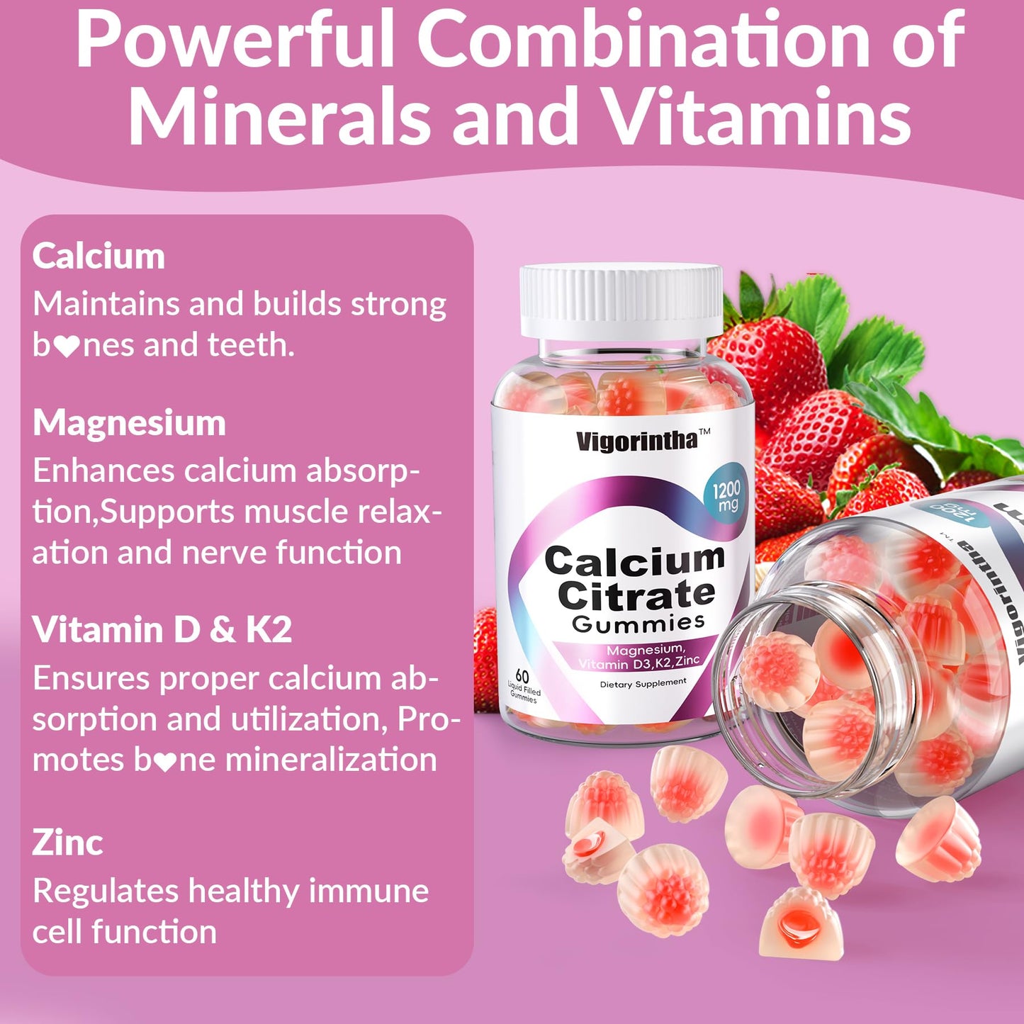 Calcium Citrate Gummies 1200mg with Magnesium, Vitamin D3 & K2 – Vegan, Gluten-Free, Sugar-Free (Strawberry) | 120 Gummies