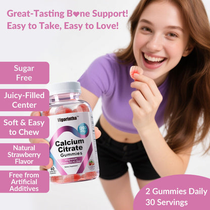 Calcium Citrate Gummies 1200mg with Magnesium, Vitamin D3 & K2 – Vegan, Gluten-Free, Sugar-Free (Strawberry) | 120 Gummies