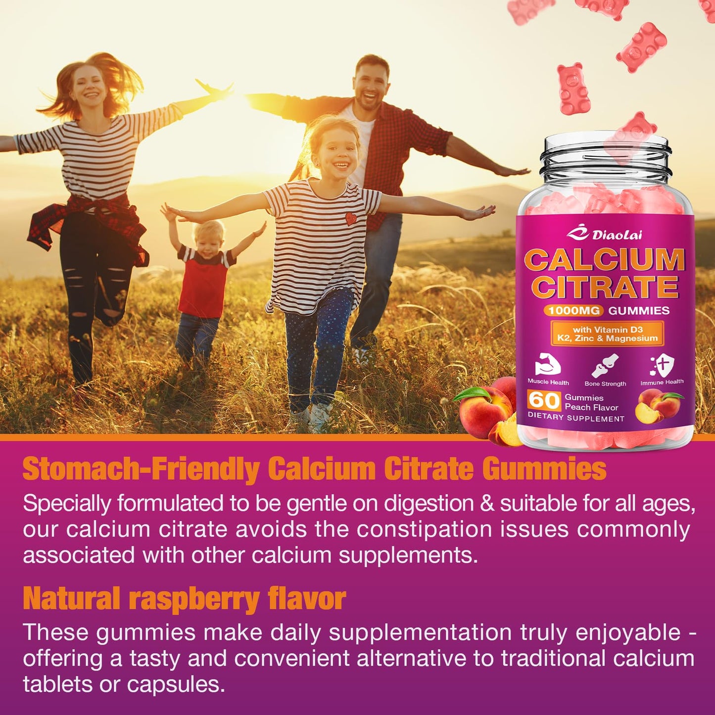 Calcium Citrate Gummies 1000mg - Vitamin D3 & K2 - Peach Flavor - 60 Gummies