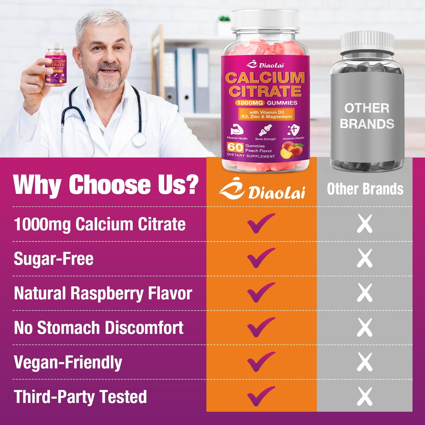 Calcium Citrate Gummies 1000mg - Vitamin D3 & K2 - Peach Flavor - 60 Gummies