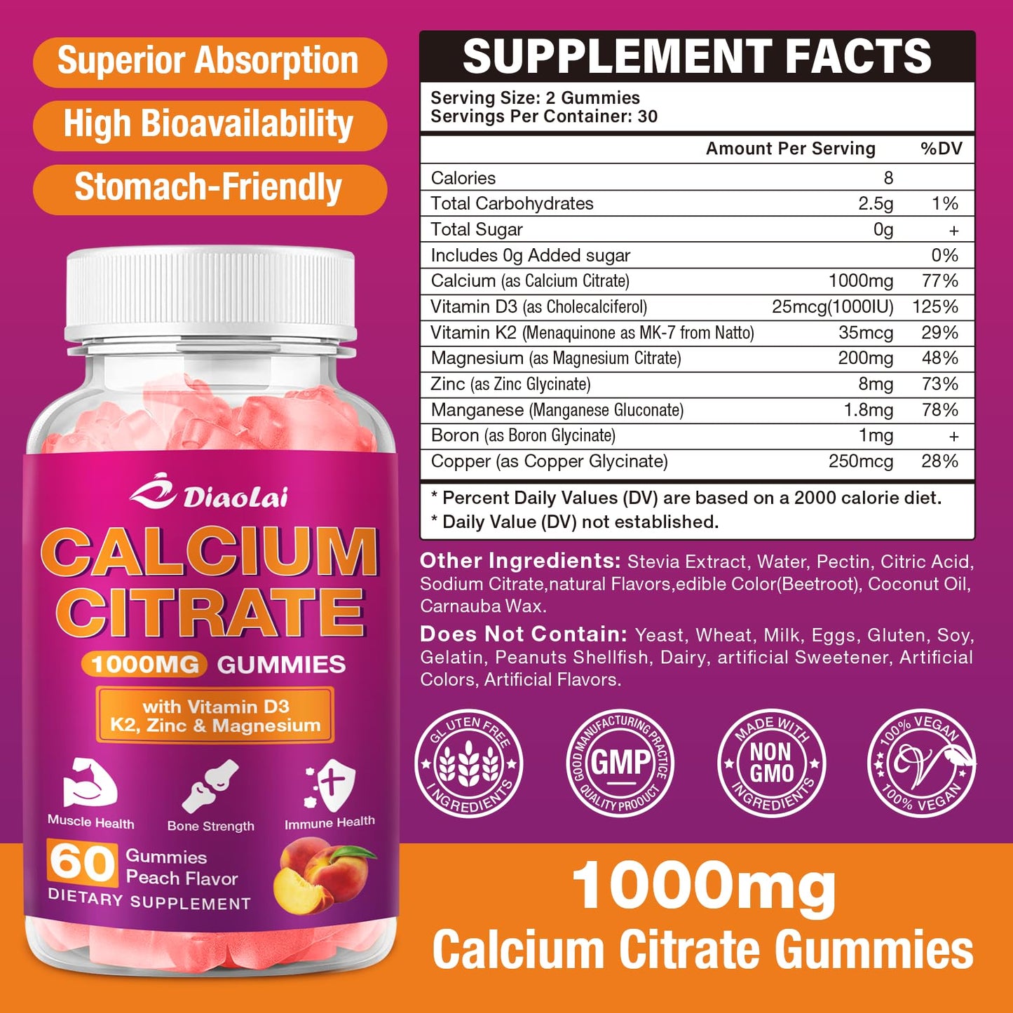 Calcium Citrate Gummies 1000mg - Vitamin D3 & K2 - Peach Flavor - 60 Gummies