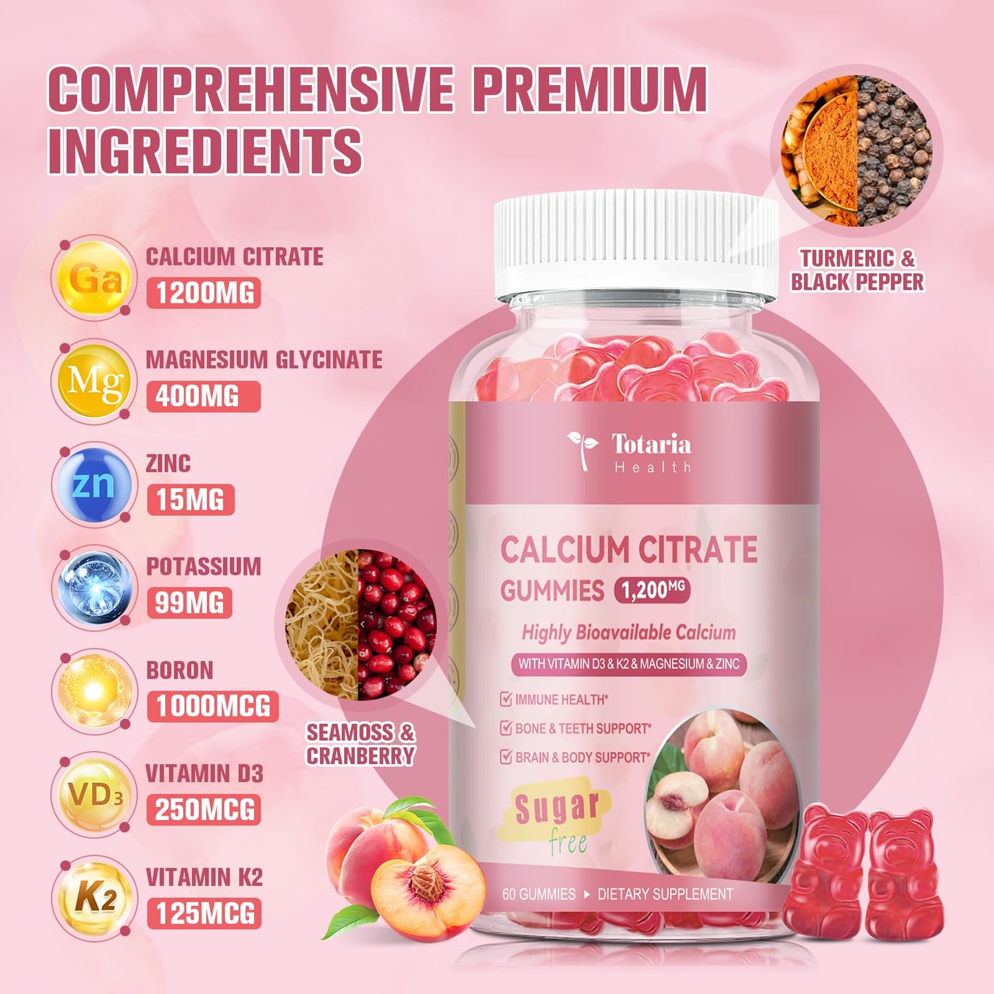 2 Pack Calcium Citrate Gummies 1200 mg – Peach Flavor, Vitamin D3 & K2