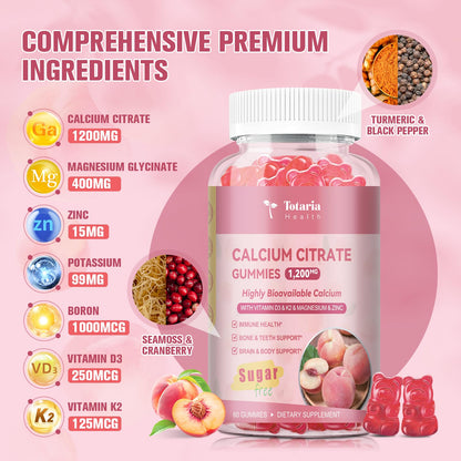 2 Pack Calcium Citrate Gummies 1200 mg – Peach Flavor, Vitamin D3 & K2