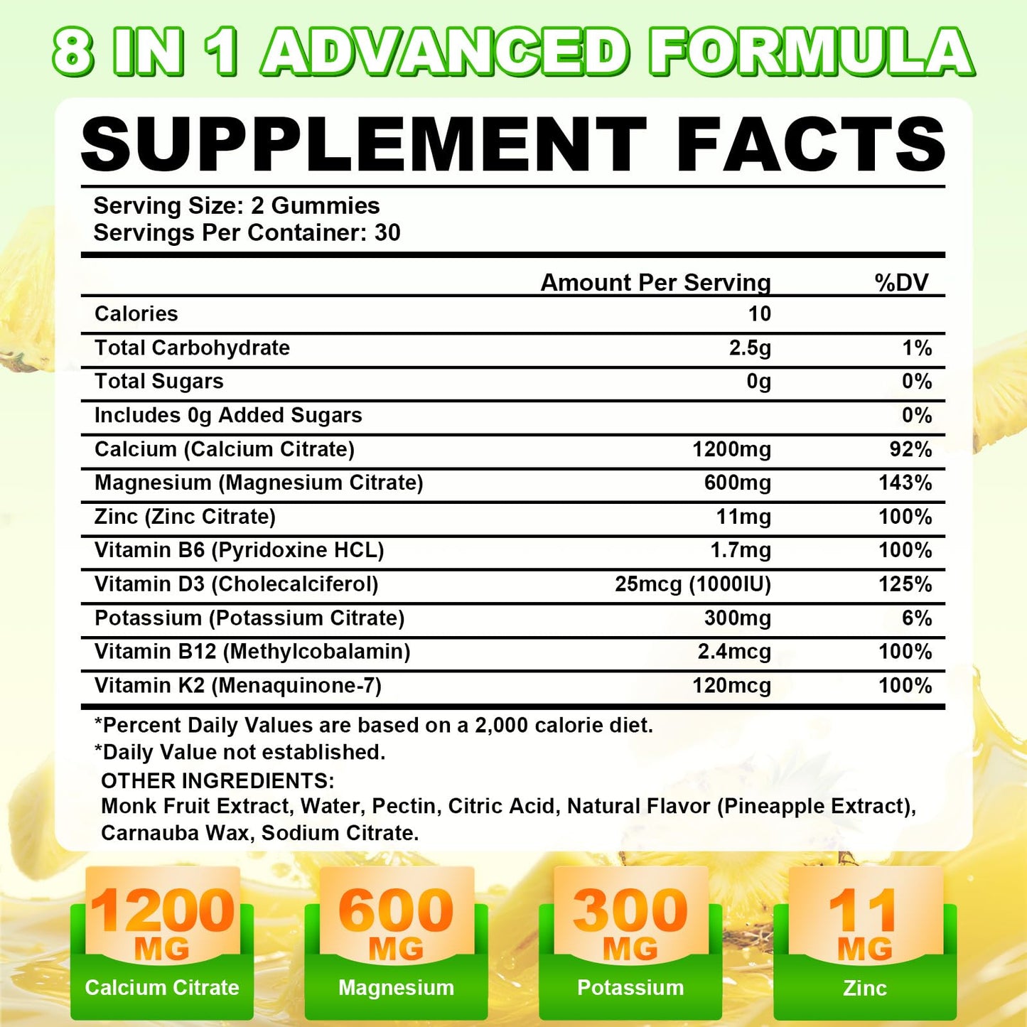 1200mg Calcium Citrate Gummies - Chewable Calcium Gummies for Bone, Muscle, Teeth, Immune Support, High Absorption Calcium Supplements for Women & Men Sugar Free Pineapple Flavor 120 Count