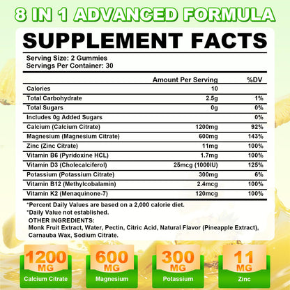 1200mg Calcium Citrate Gummies - Chewable Calcium Gummies for Bone, Muscle, Teeth, Immune Support, High Absorption Calcium Supplements for Women & Men Sugar Free Pineapple Flavor 120 Count