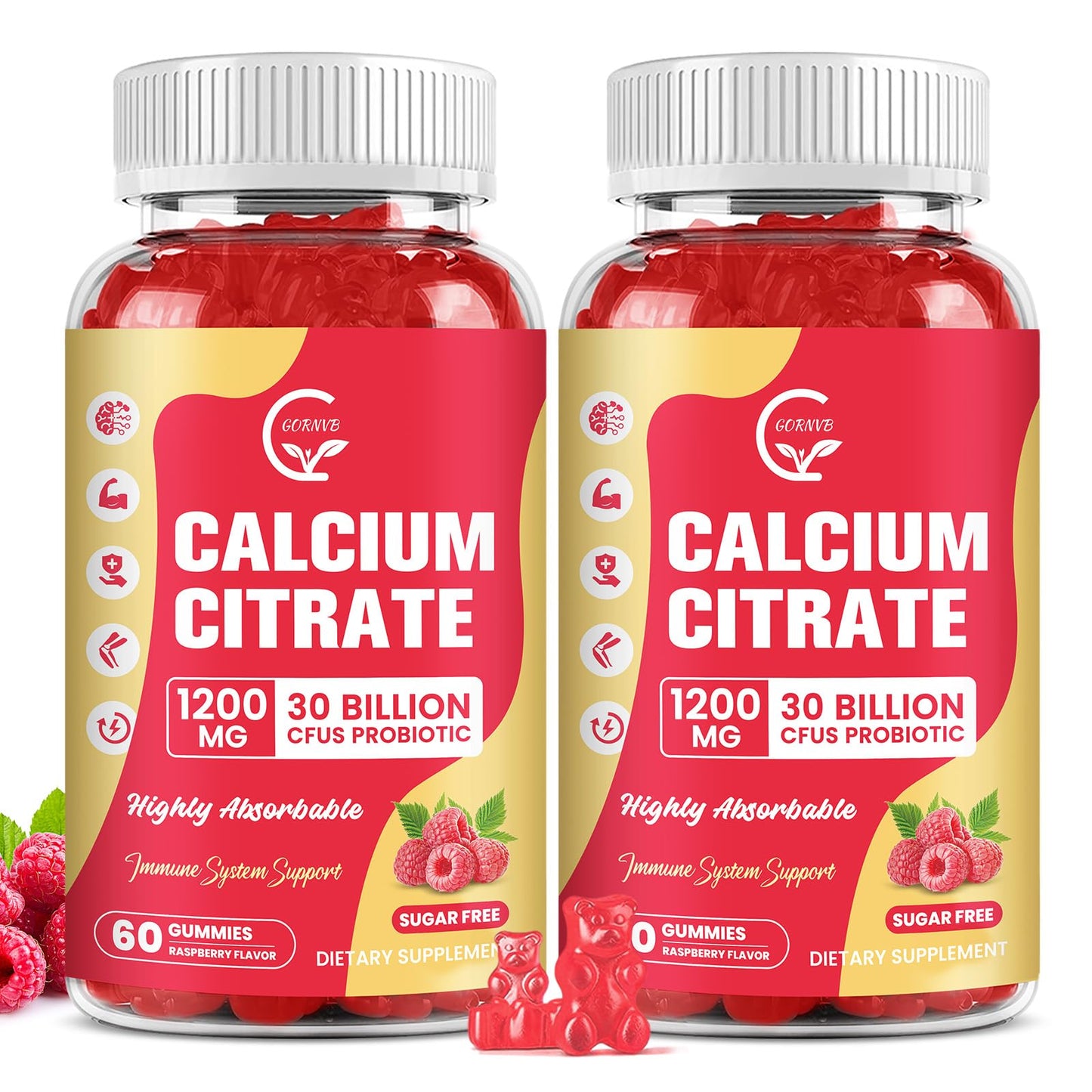 2 Pack Sugar Free Calcium Citrate Gummies 1200 mg – D3, K2, Mg, Zn | Raspberry, 60 Chews