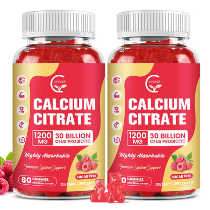 2 Pack Sugar Free Calcium Citrate Gummies 1200 mg – D3, K2, Mg, Zn | Raspberry, 60 Chews