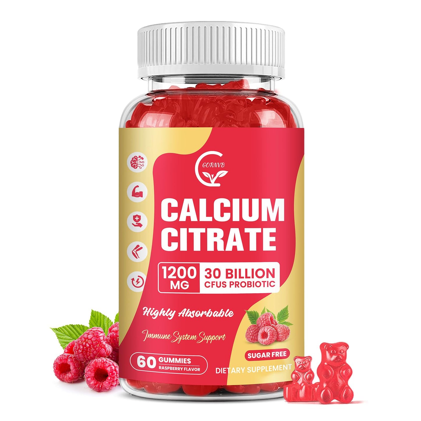 Calcium Citrate Gummies 1200 mg with D3, K2, Mg & Zn – Raspberry Flavor, 60 Chews