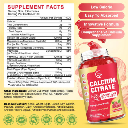 Calcium Citrate Gummies 1200 mg with D3, K2, Mg & Zn – Raspberry Flavor, 60 Chews