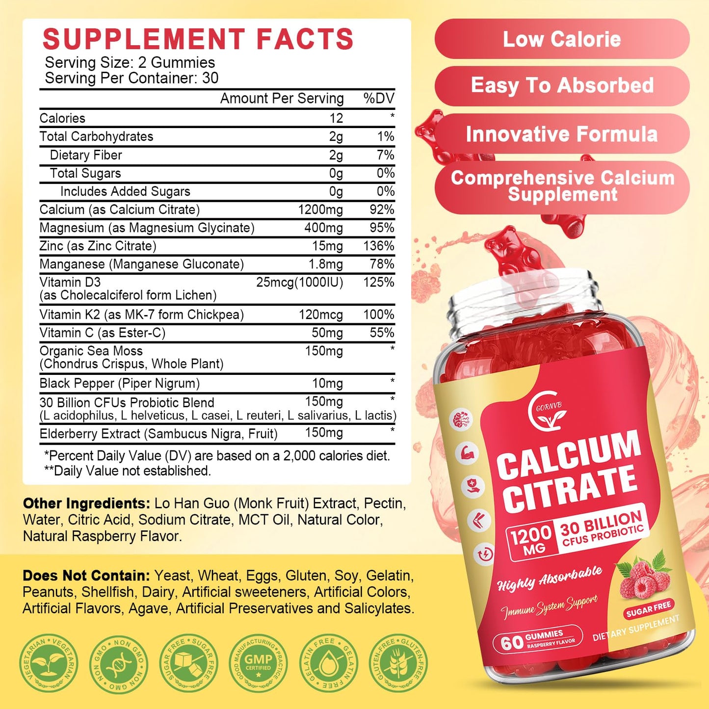 2 Pack Sugar Free Calcium Citrate Gummies 1200 mg – D3, K2, Mg, Zn | Raspberry, 60 Chews