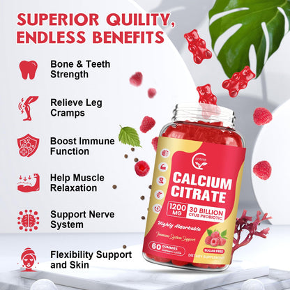 2 Pack Sugar Free Calcium Citrate Gummies 1200 mg – D3, K2, Mg, Zn | Raspberry, 60 Chews