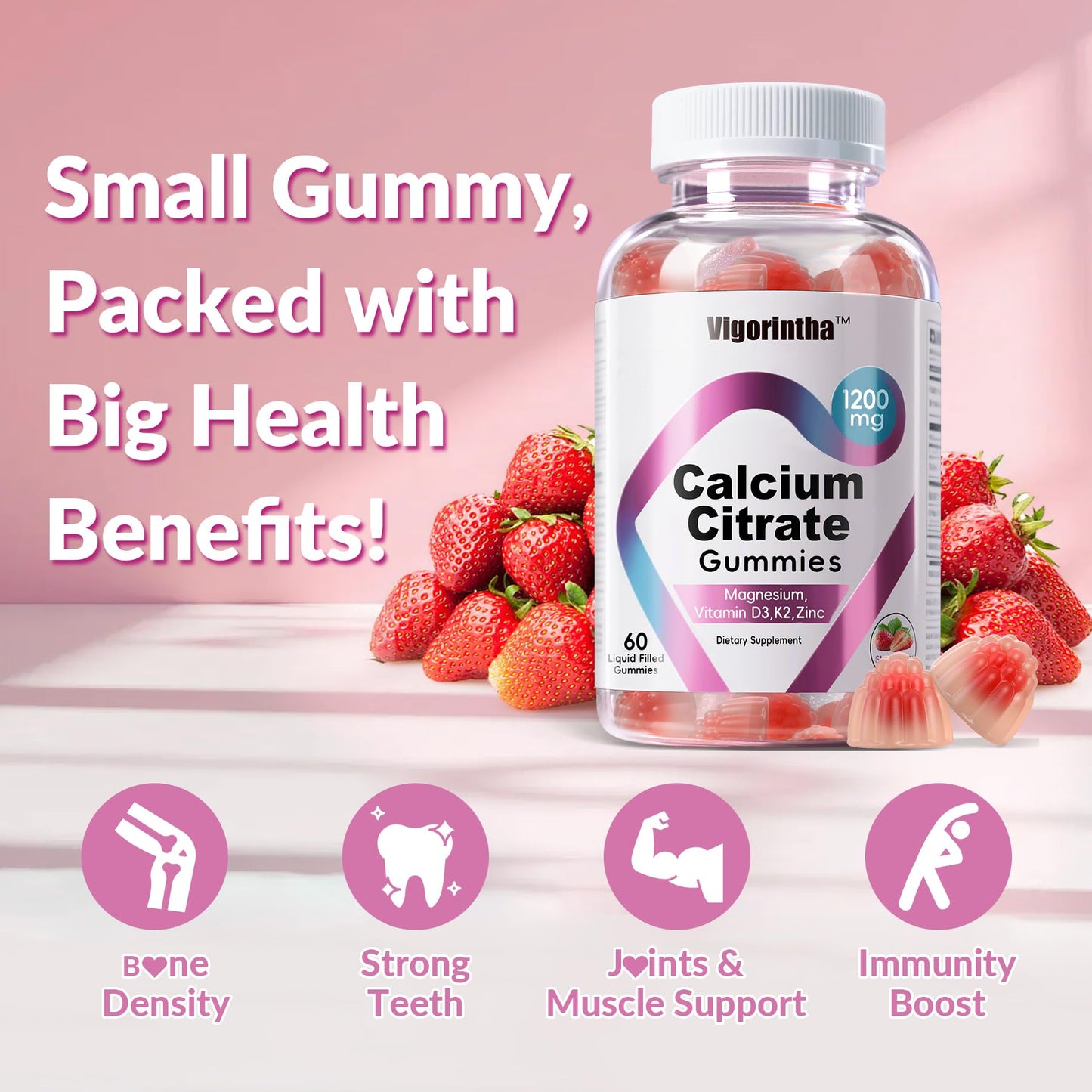 Calcium Citrate Gummies 1200mg with Magnesium, Vitamin D3 & K2 – Vegan, Gluten-Free, Sugar-Free (Strawberry) | 120 Gummies