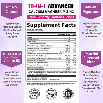 2 Pcs Sugar Free Calcium 1200 mg Gummies with Vitamin D3 K2 (MK-7) – Bone & Joint Health (Grape)