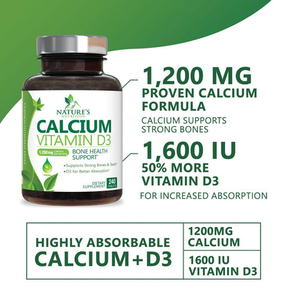 Calcium 1200 mg with Vitamin D3 (1600 IU) – 240 Tablets | USA Bottled | Bone & Immune Health