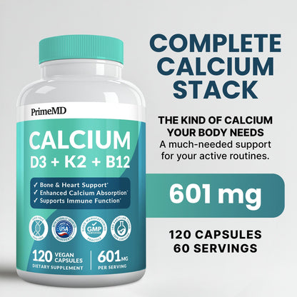 4-in-1 Calcium + Vitamin D3/K2 5000 IU - 601mg per Serving (120 ct) | Gluten-Free & Vegan