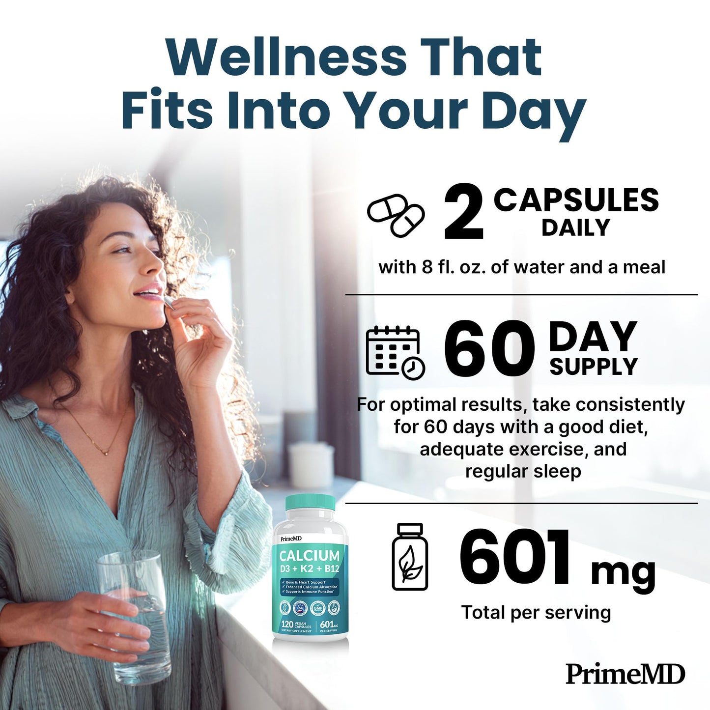 4-in-1 Calcium + Vitamin D3/K2 5000 IU - 601mg per Serving (120 ct) | Gluten-Free & Vegan