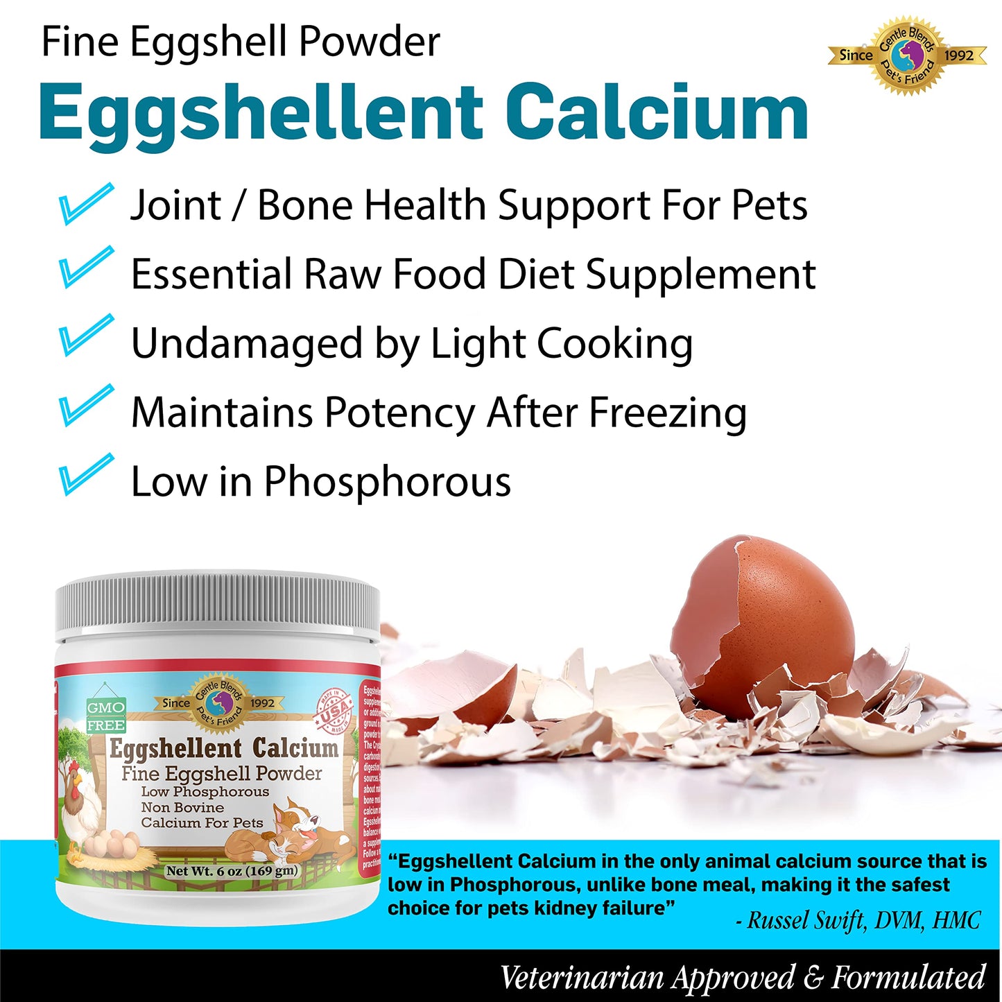 Calcium for Dogs and Cats - Eggshell Powder Supplement 6oz | Strong Hips & Joints