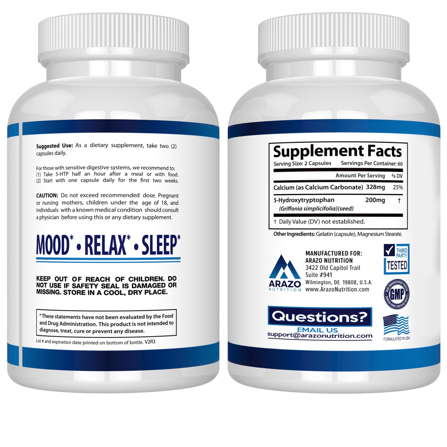 5-HTP 200 mg Plus Calcium – Mood & Sleep Support | 120 Capsules | Arazo Nutrition