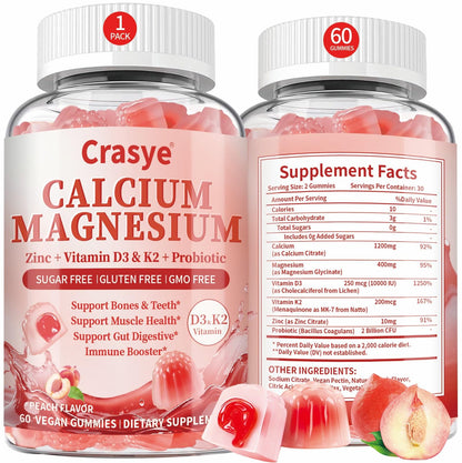 Calcium 1200mg Gummies with Magnesium, Zinc, D3 & K2 – Probiotic Calcium Citrate, Sugar Free | 60 Gummies