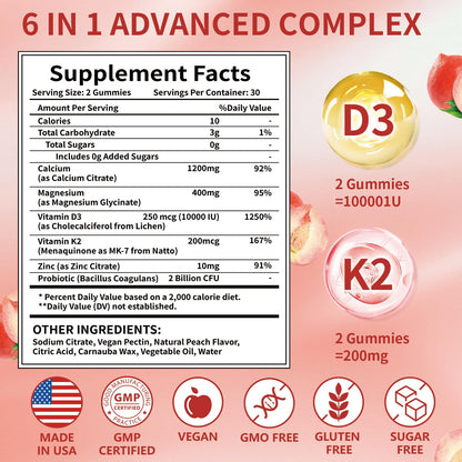 Calcium 1200mg Gummies with Magnesium, Zinc, D3 & K2 – Probiotic Calcium Citrate, Sugar Free | 60 Gummies