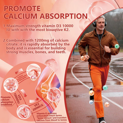 Calcium 1200mg Gummies with Magnesium, Zinc, D3 & K2 – Probiotic Calcium Citrate, Sugar Free | 60 Gummies