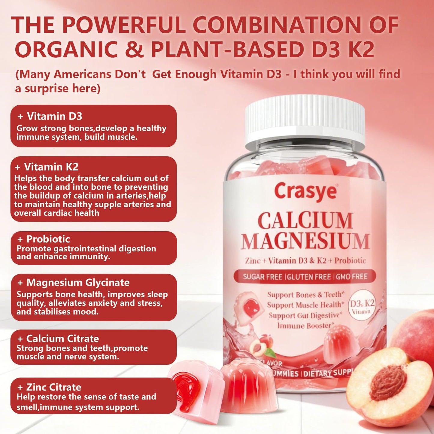 Calcium 1200mg Gummies with Magnesium, Zinc, D3 & K2 – Probiotic Calcium Citrate, Sugar Free | 60 Gummies