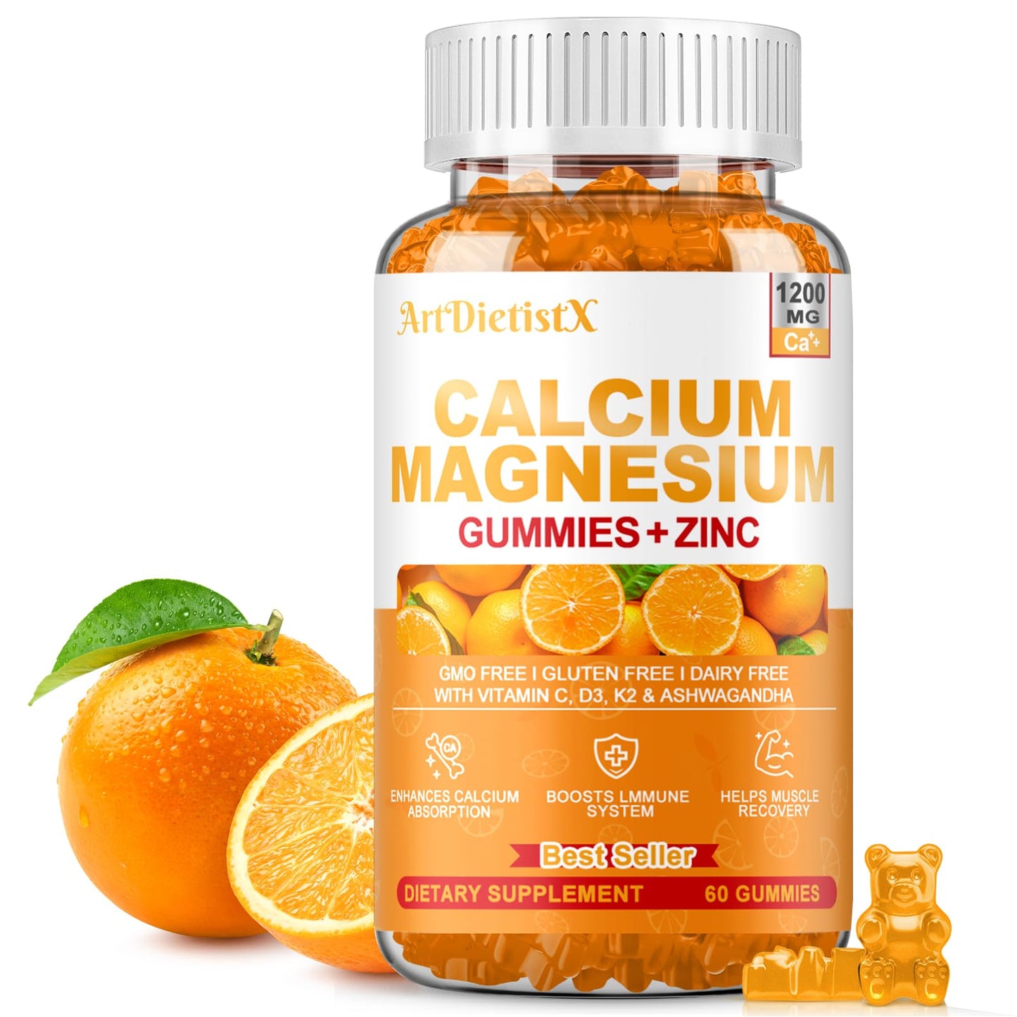 1200mg Calcium Gummies with Vitamin D3 – Sugar-Free, 60 Count | Magnesium, K2 & Zinc