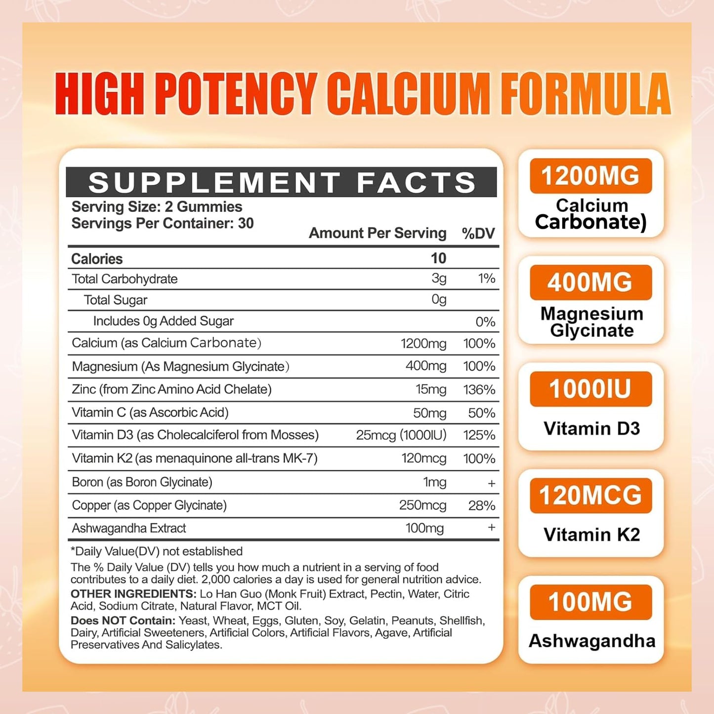 1200mg Calcium Gummies with Vitamin D3 – Sugar-Free, 60 Count | Magnesium, K2 & Zinc