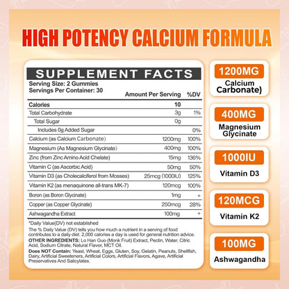 1200mg Calcium Gummies with Vitamin D3 – Sugar-Free, 60 Count | Magnesium, K2 & Zinc