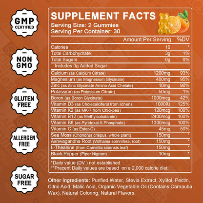 1200mg Calcium Gummies with D3, K2, B12 & B6 – Plant Calcium Magnesium | 2-Pack