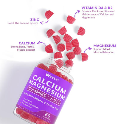 Sugar Free Calcium Gummies with Vitamin D3 & K2 – Vegan Algae Calcium, Calcium Magnesium Zinc, 2:1 Calcium:Magnesium