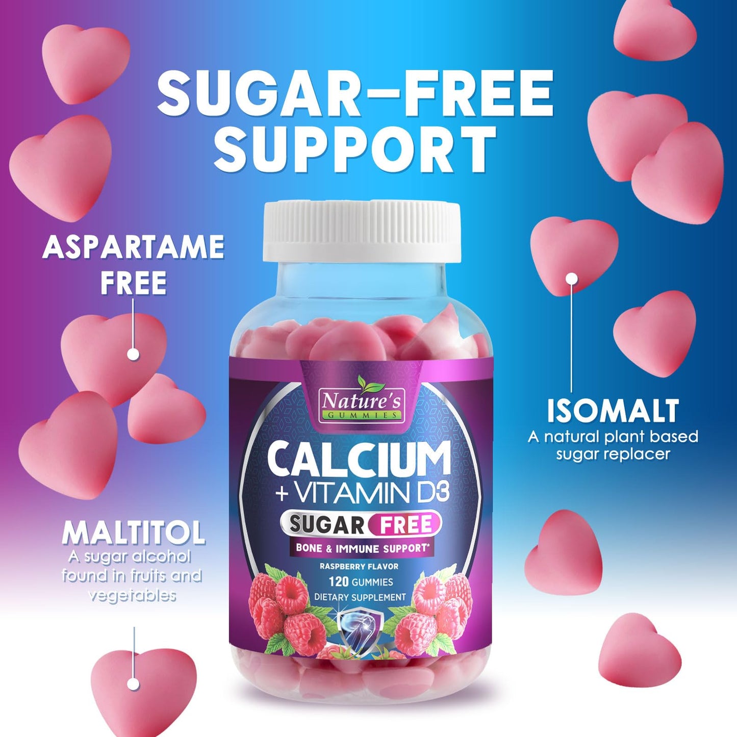 Calcium Gummies with Vitamin D3 (400 IU) - Sugar Free, 120 Count | Supports Immune Health & Bones